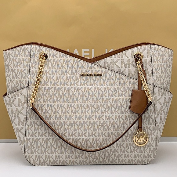 MICHAEL KORS LARGE X CHAIN SHOULDER TOTE BAG VANILLA SIGNATURE - Picture 13 of 16